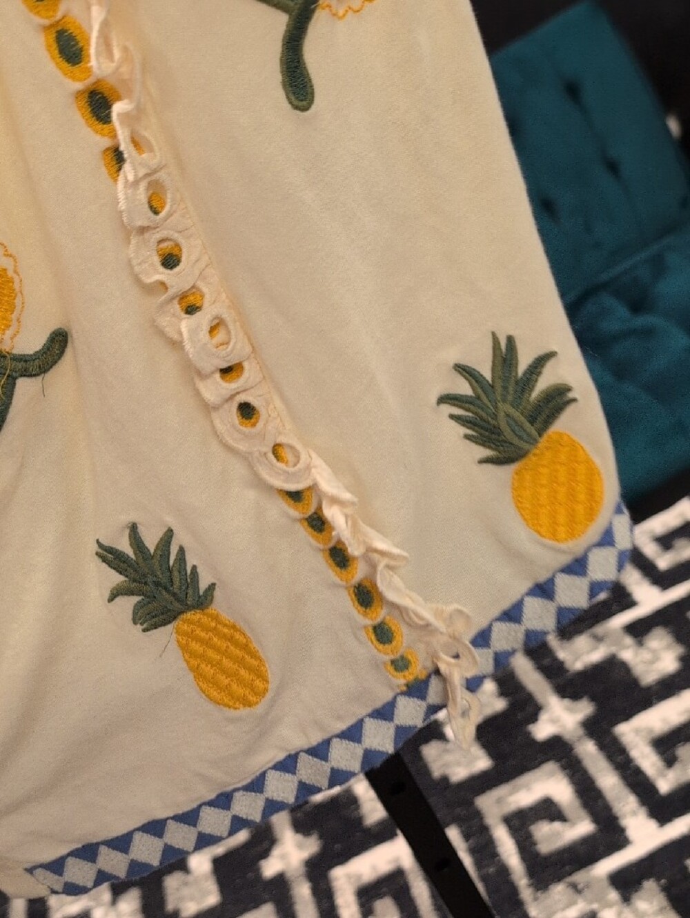 Cream Embroidered Pineapple Button-Front Tank Top with Blue Trim - Picture 6 of 11